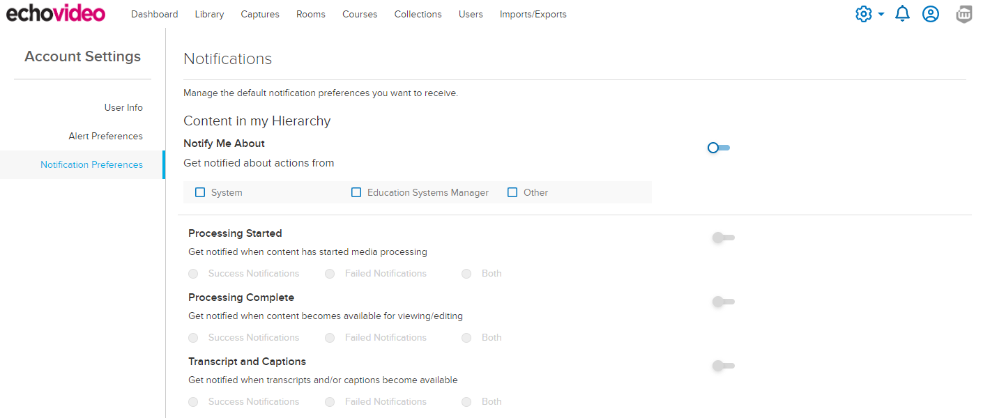 The EchoVideo user account settings page with notification preferences selected