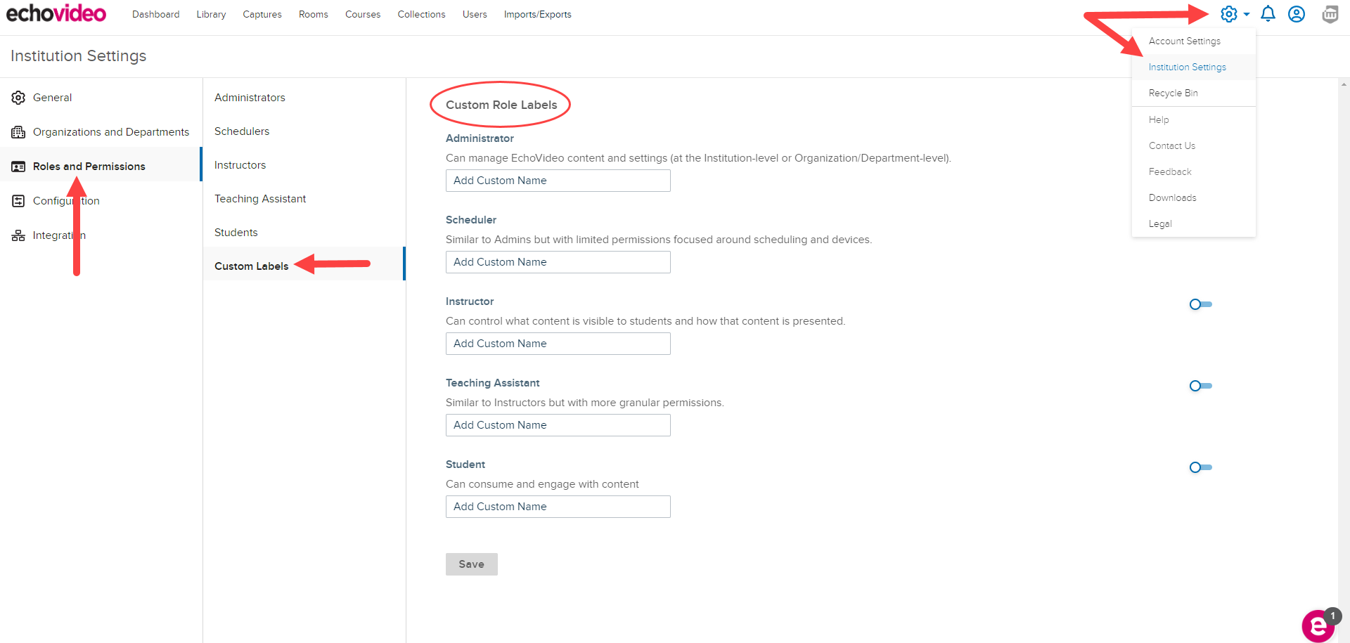 Roles and Permissions under Institution Settings with Custom Labels identified as described