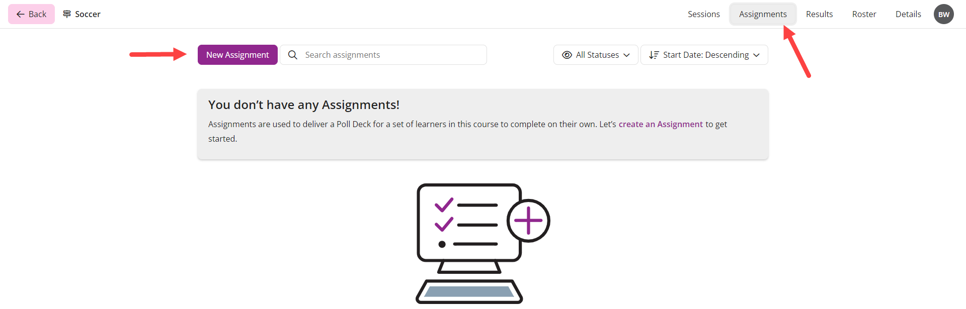 The EchoPoll Course Assignments page with the Assignments tab and New Assignment button highlighted