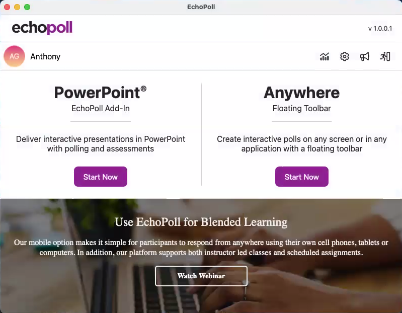 The EchoPoll Companion App showing Start Now options for PowerPoint and Anywhere Polling