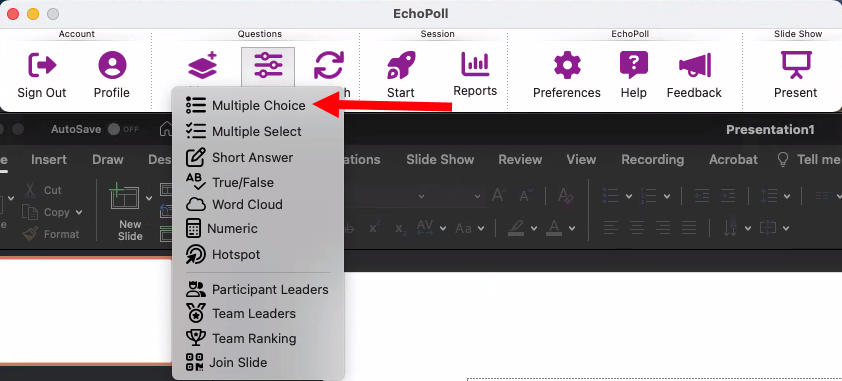 The EchoPoll Companion App PowerPoint Ribbon with Add New selected and Multiple Choice highlighted