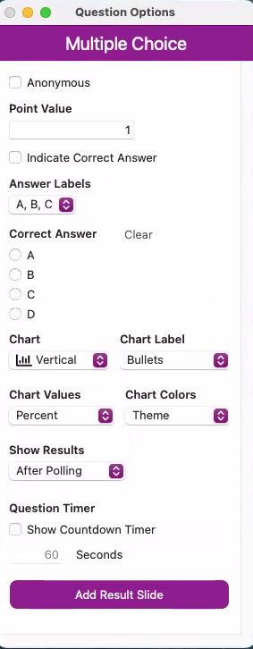 The EchoPoll Companion App Question Options pane showing Multiple Choice question options