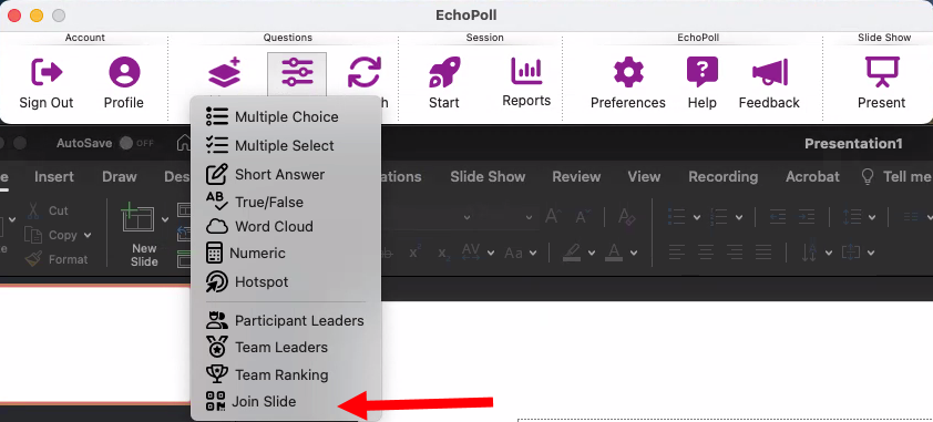 The EchoPoll Companion App PowerPoint Ribbon with Add New selected and Join Slide highlighted