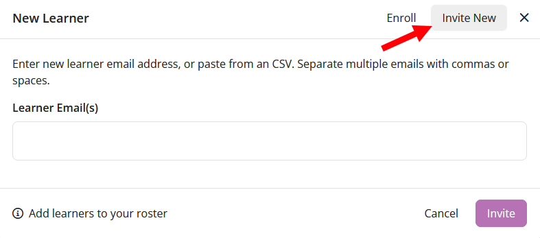 Add New Learner window with Invite New button identified as described
