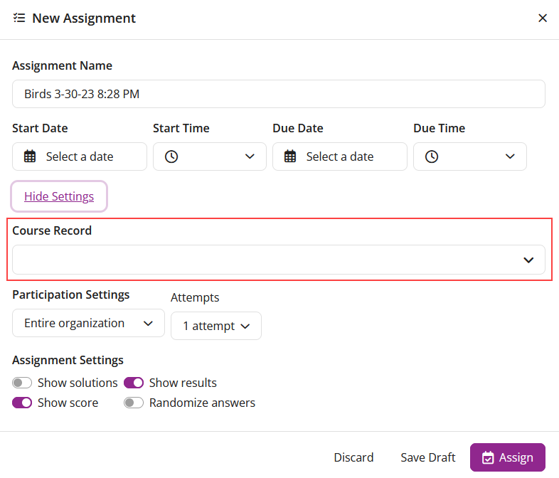 The EchoPoll New Assignment window with settings expanded and the Course Record highlighted.