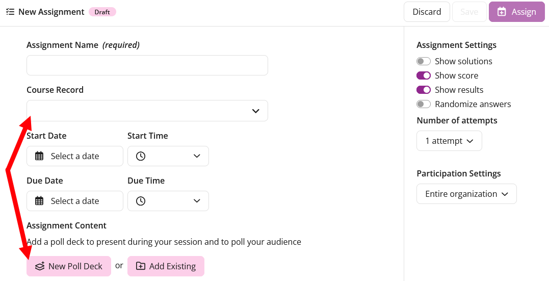 The EchoPoll New Assignment window with the Course Record field and New Poll Deck button highlighted.