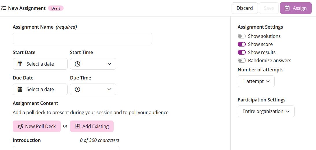 The EchoPoll New Assignment page.