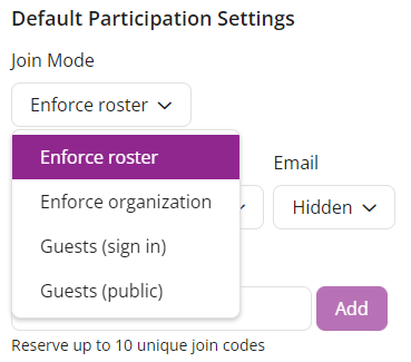 Default Participation Settings for join mode identified as described