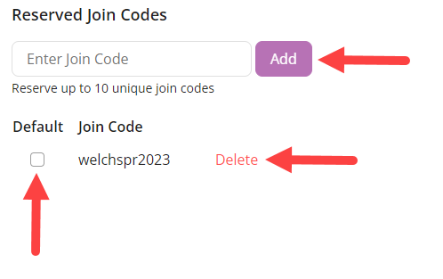 Reserved Join Code options identified as described