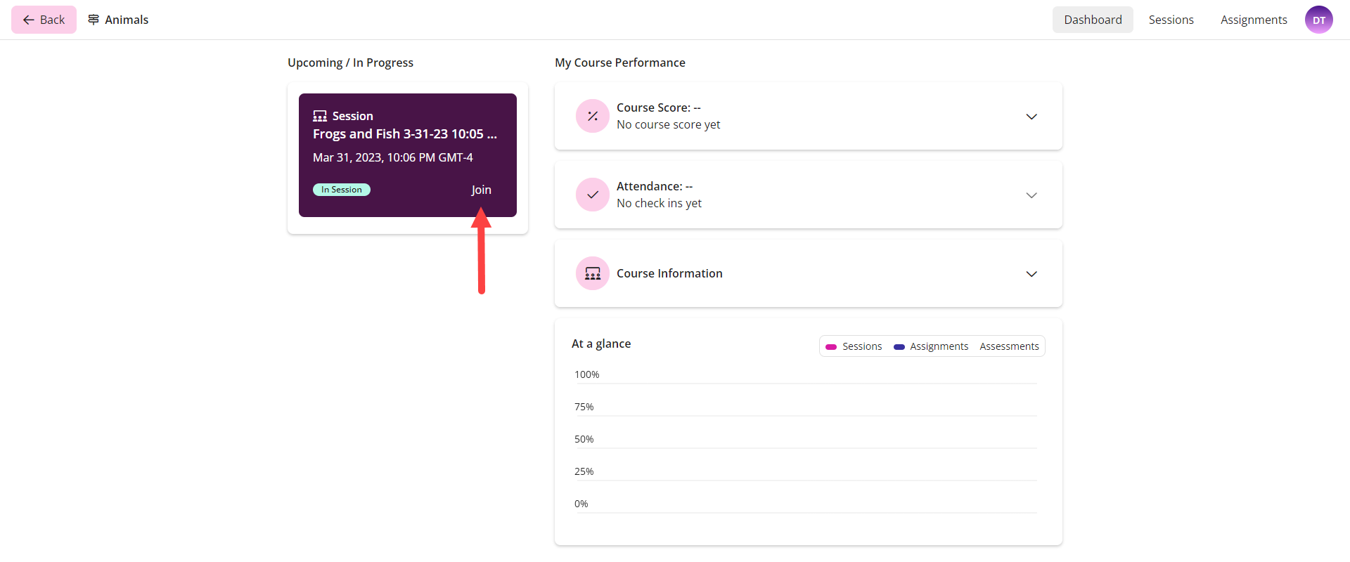 Course Dashboard displayed and Join link identified as described