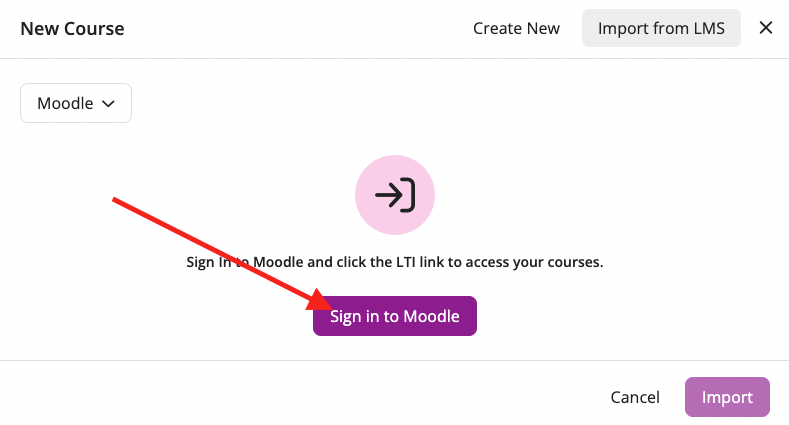 EchoPoll new course modal with the Import from LMS option highlighted and pointing to the sign in to LMS / VLE button.