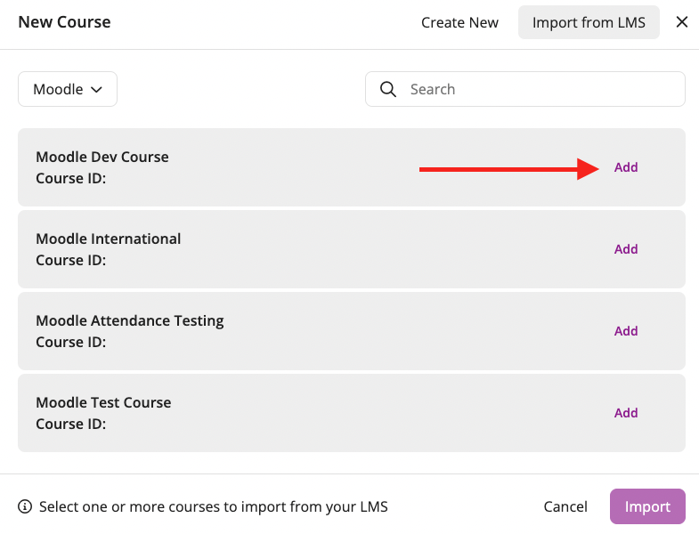 EchoPoll new course modal with the Import from LMS option highlighted pointing to the add button to add a course from the LMS / VLE.