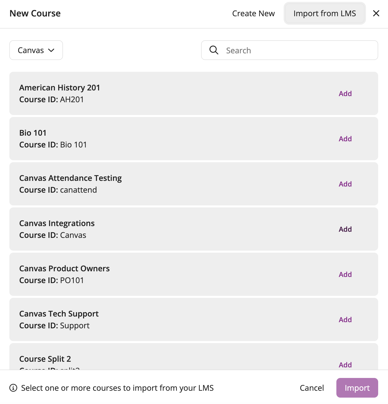 EchoPoll new course modal with the Import from LMS option highlighted showing a list of course from the LMS / VLE.