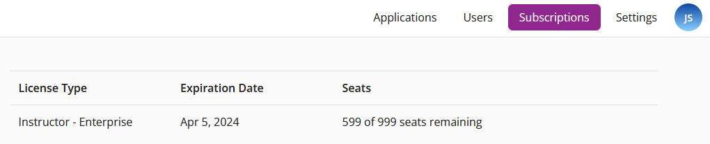 The EchoPoll Subscription tab showing an active Enterprise license with 599 of 999 seats remaining.