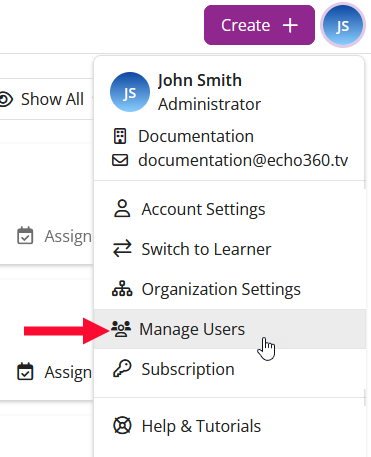 The EchoPoll administrator user menu with the Manage Users option highlighted.