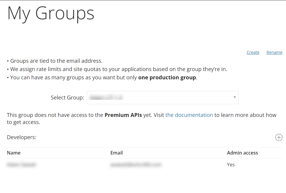 Create a new group screen in the Blackboard Developer site