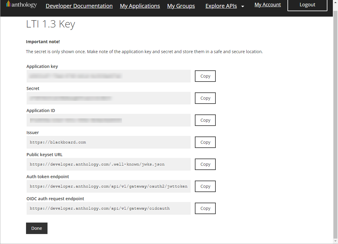 LTI 1.3 Key information in Blackboard as described