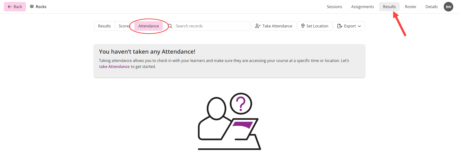 The EchoPoll Results tab with the Results and Attendance tabs highlighted.