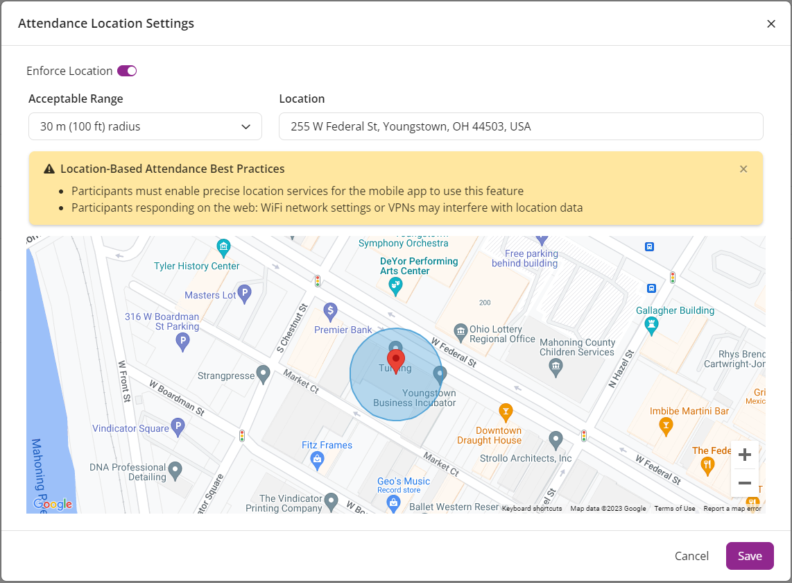 The EchoPoll Attendance Location Settings modal.