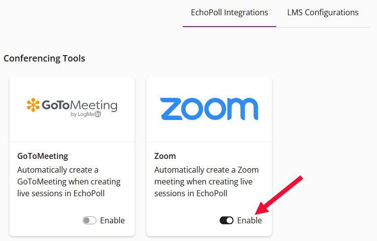 Zoom toggle on Integrations tab identified as described