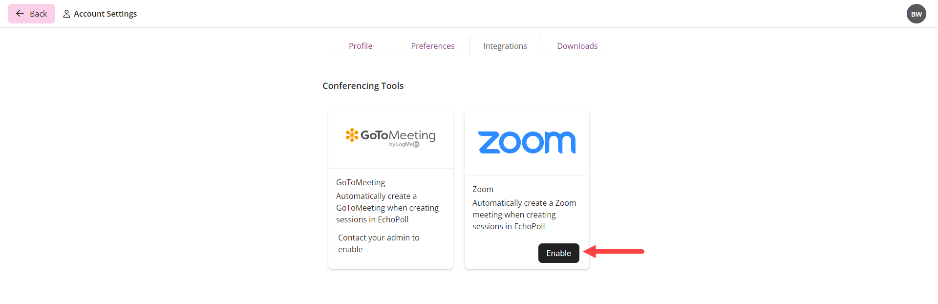EchoPoll Integrations page with Zoom Enable button identified as described