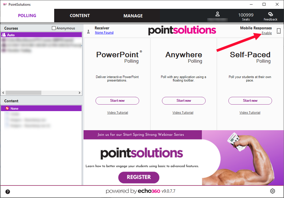 The PointSolutions Classic application with the Mobile Responses Enable link highlighted.