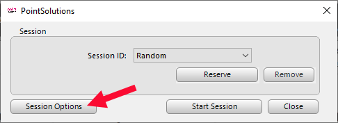 The PointSolutions Classic application mobile session window with the Sessin Options button highlighted.