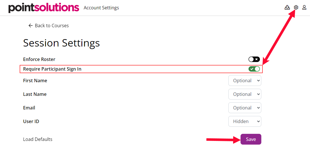 The PointSolutions Pro Account Settings page with the settings cogwheel, Require Participant Sign In option, and Save button highlighted.