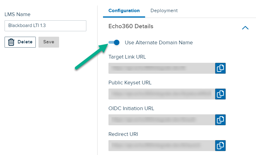 Configuration details in EchoVideo with Use Alternate Domain Name toggle enabled and identified as described