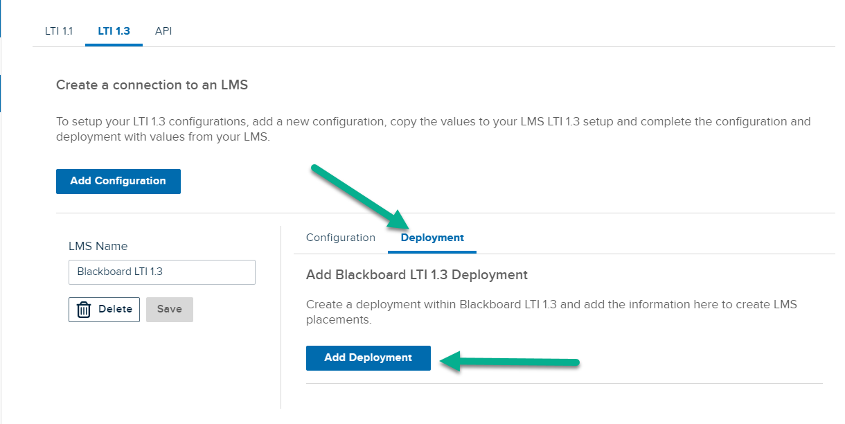 LTI 1.3 Deployment tab with Add Deplotment button identified as described