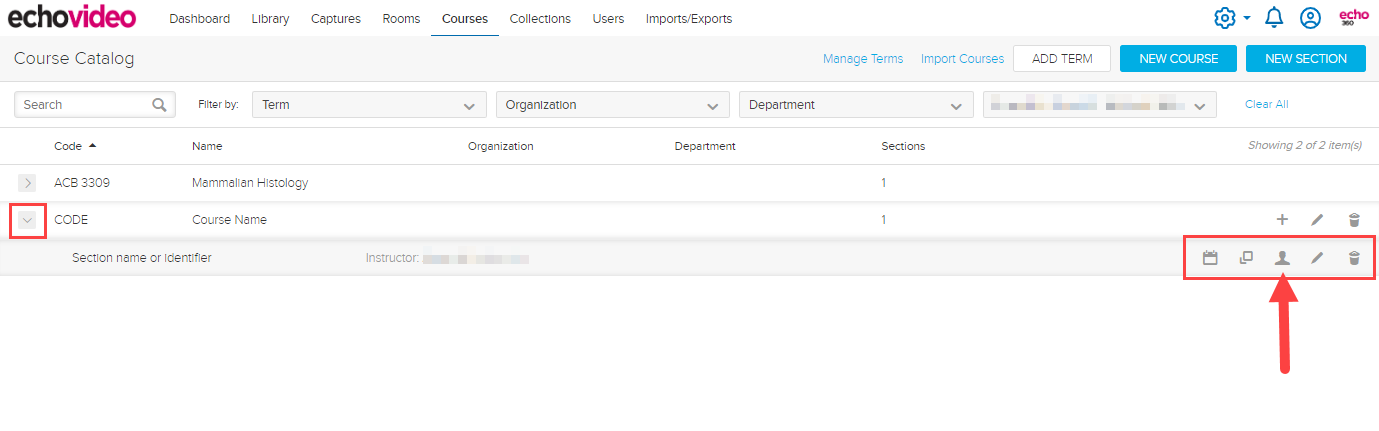 Course expanded showing sections and tools for section with options as described