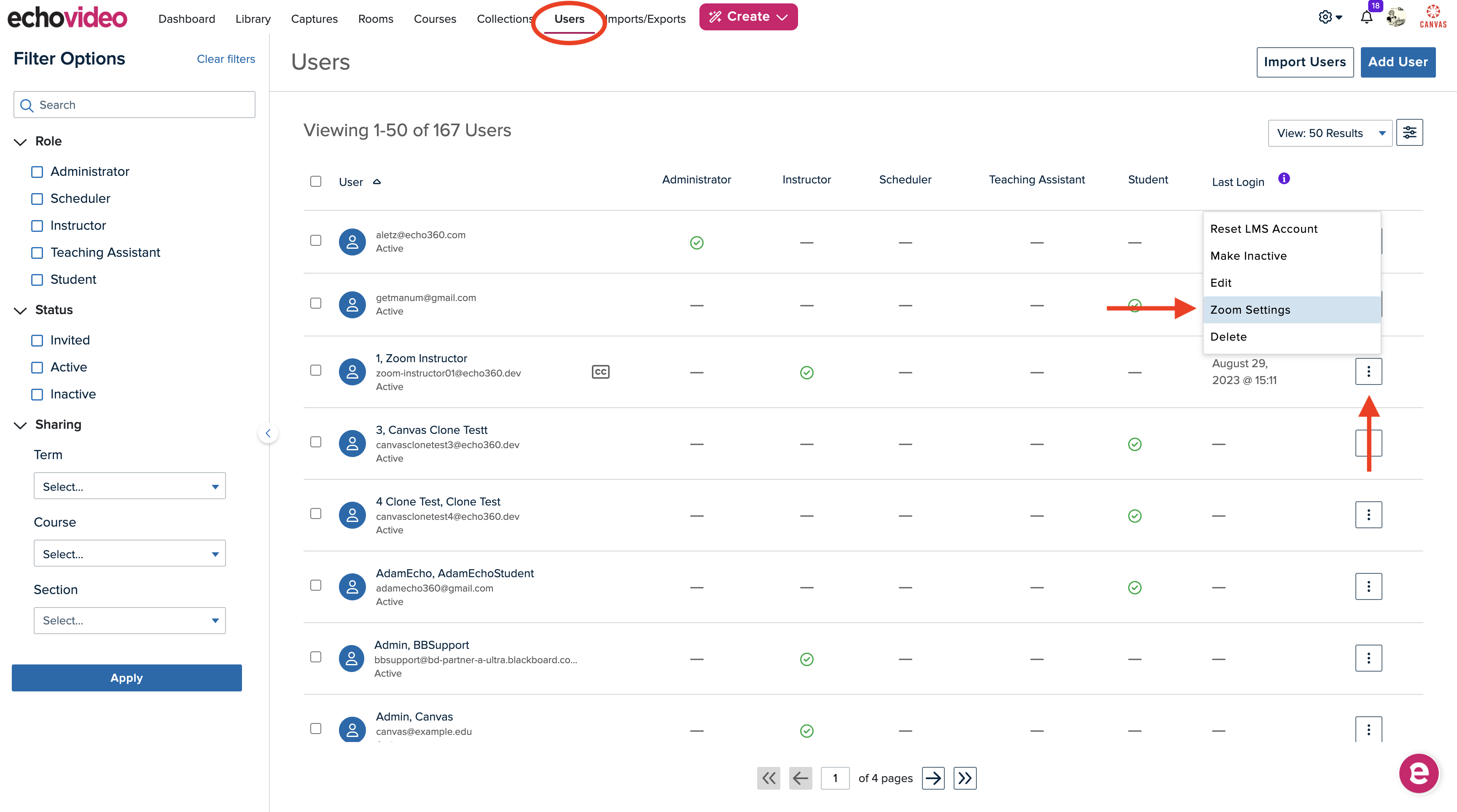 Admin users page with user menu open and Zoom Settings option identified for steps as described