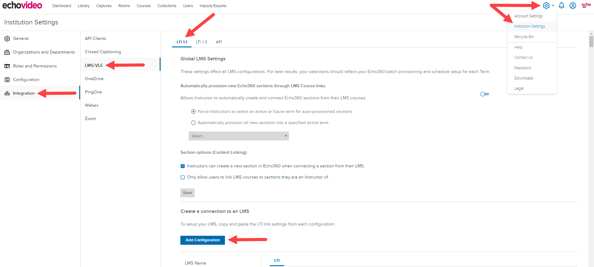 LMS configurations page with Add Configuration button identified and a Blackboard LMS Configuration block showing