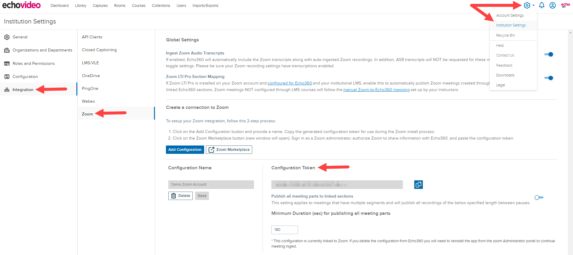 EchoVideo Integration page with Zoom tab open and Configuration Token identified along with navigation as described