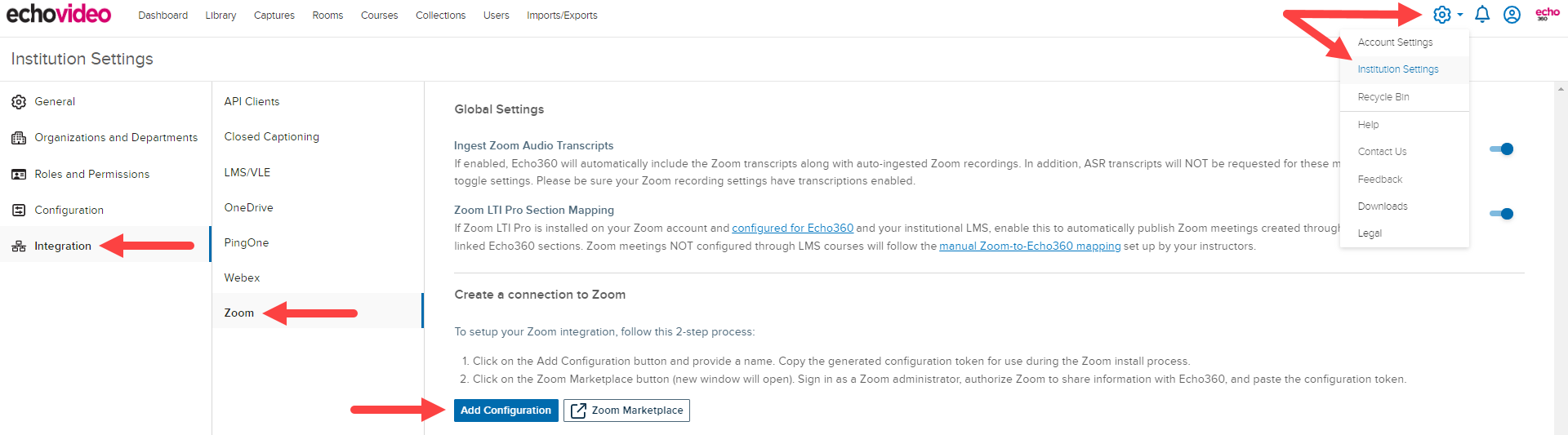 Echo360 Integration page with navigation and Zoom configuration option identified as described