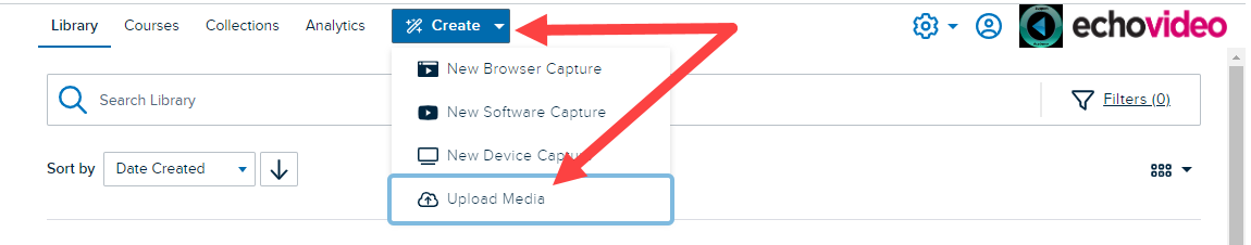 Upload Media option in the Create button identified as described