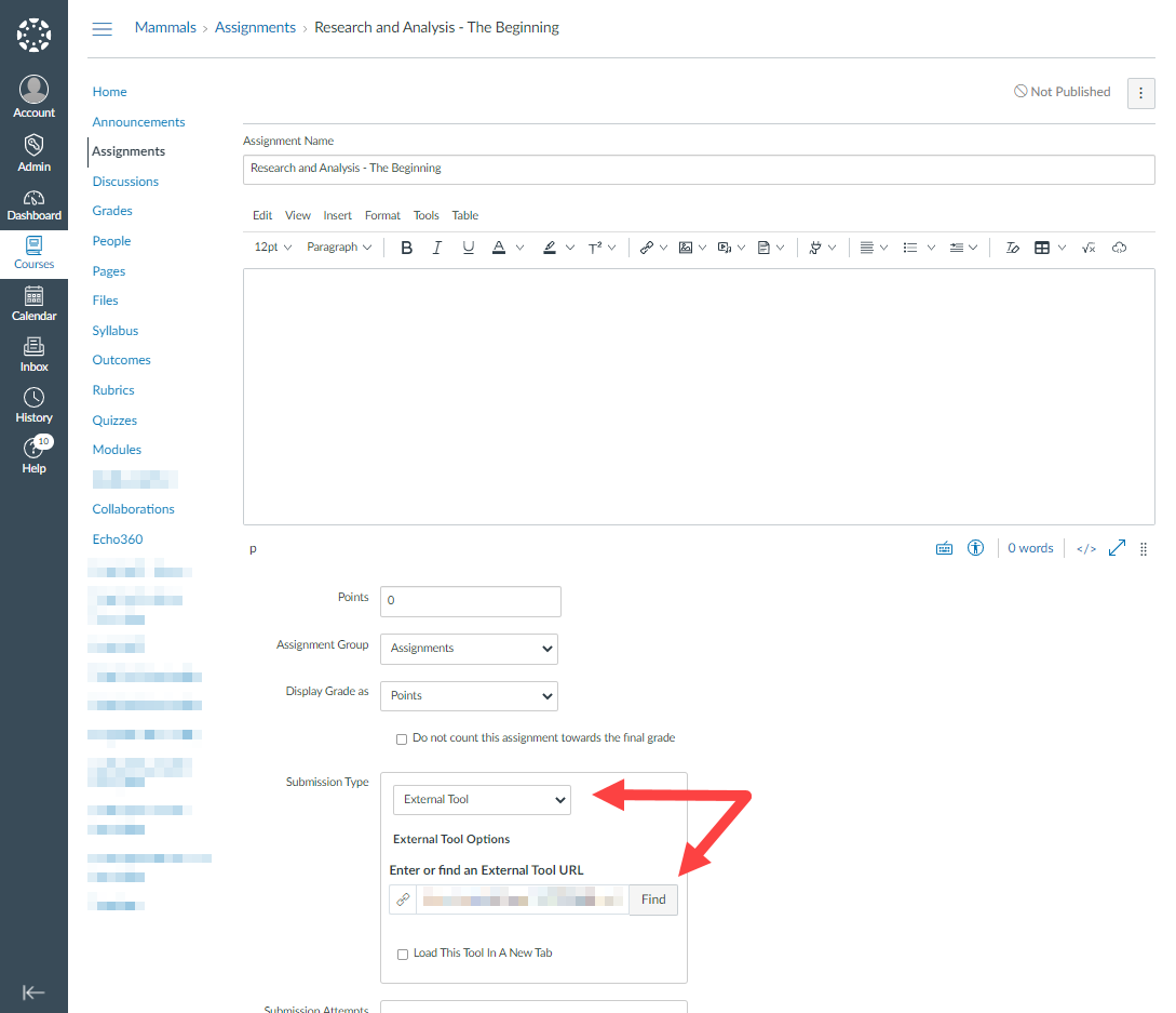 New Assignment in Canvas with External Tool submission type selected and field for tool URL identified