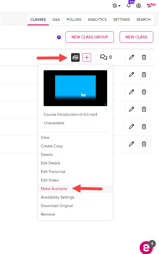 Video icon menu for instructor with availability settings option as described