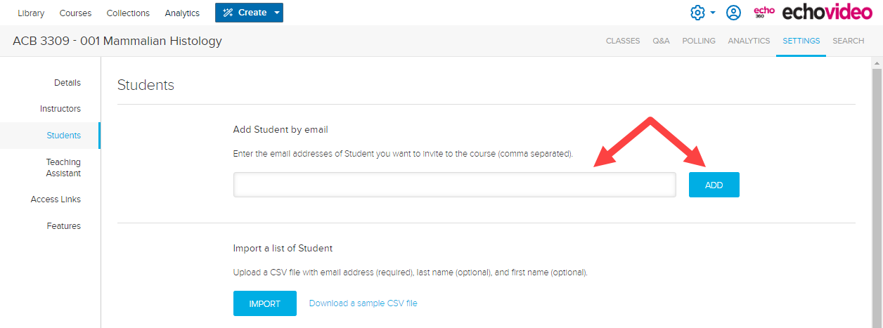 Enter student email box and add button identified as described