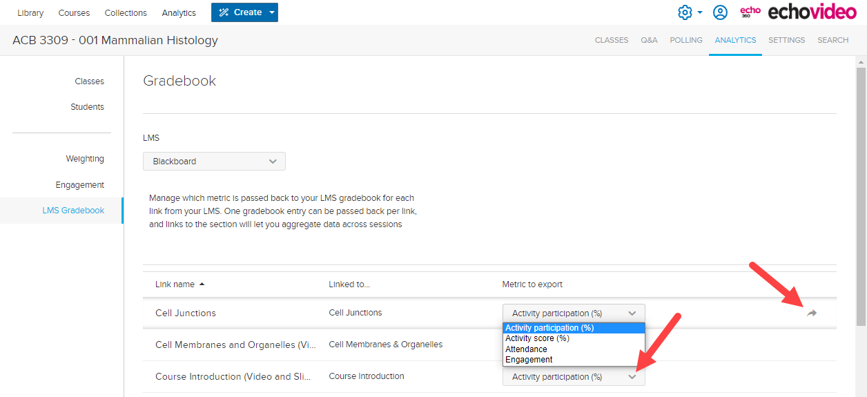 LMS Gradebook Exports metric selection list open with options shown and export icon identified for steps as described