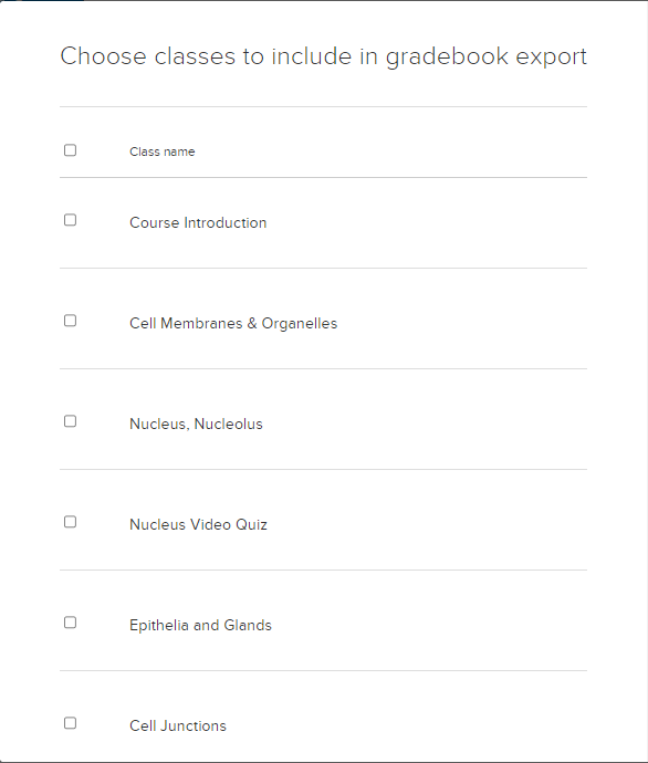 List of classes to aggregate for export to gradebook