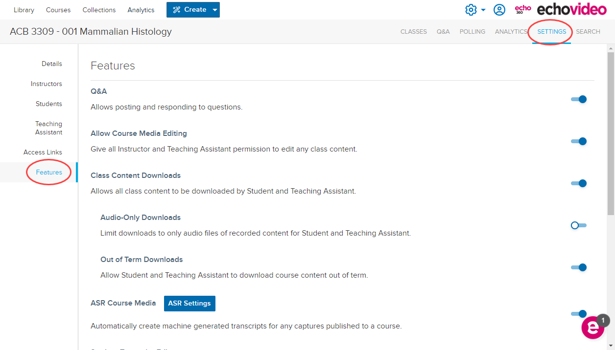 Section settings page with features tab identified showing section options as described