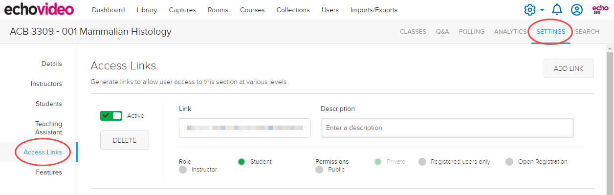 Section Access Link with options as described