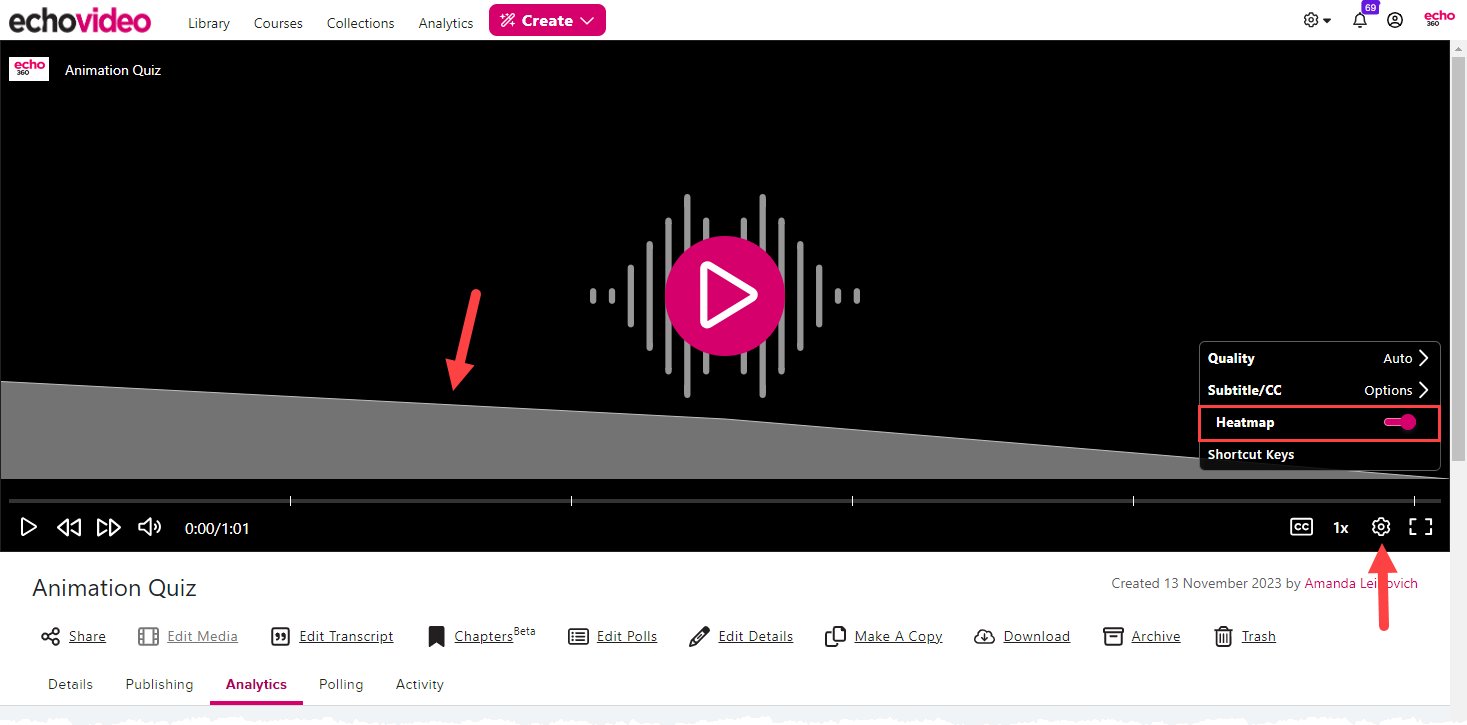 Media details analytics tab with playback settings menu open and heatmap option identified and enabled as described