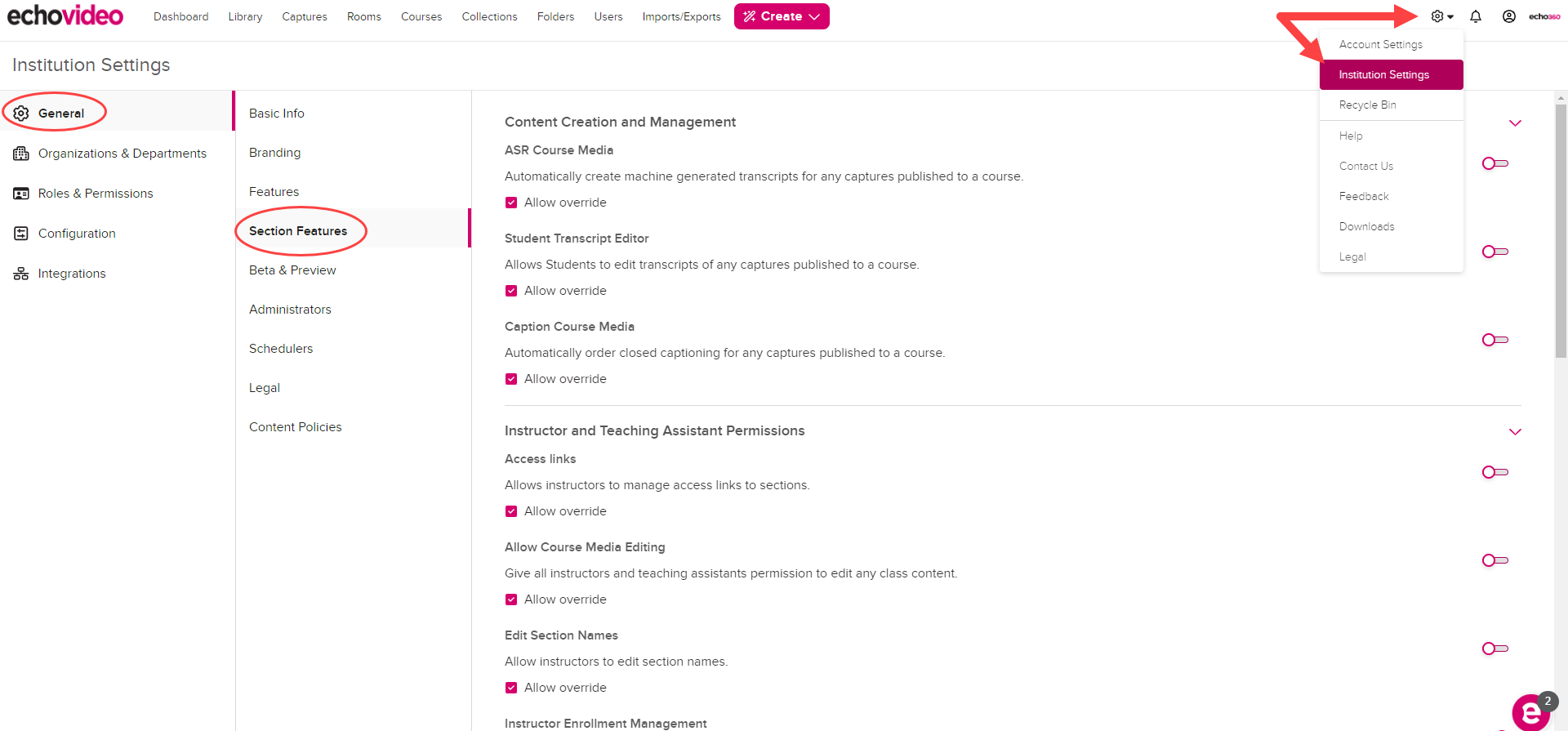 Institution Features showing Institution-level Section Features toggle page and navigation as described