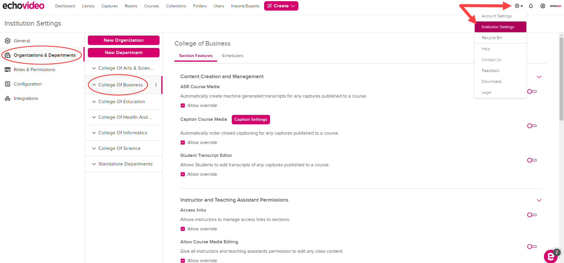 Institution Settings showing the Section Features page for an Organization