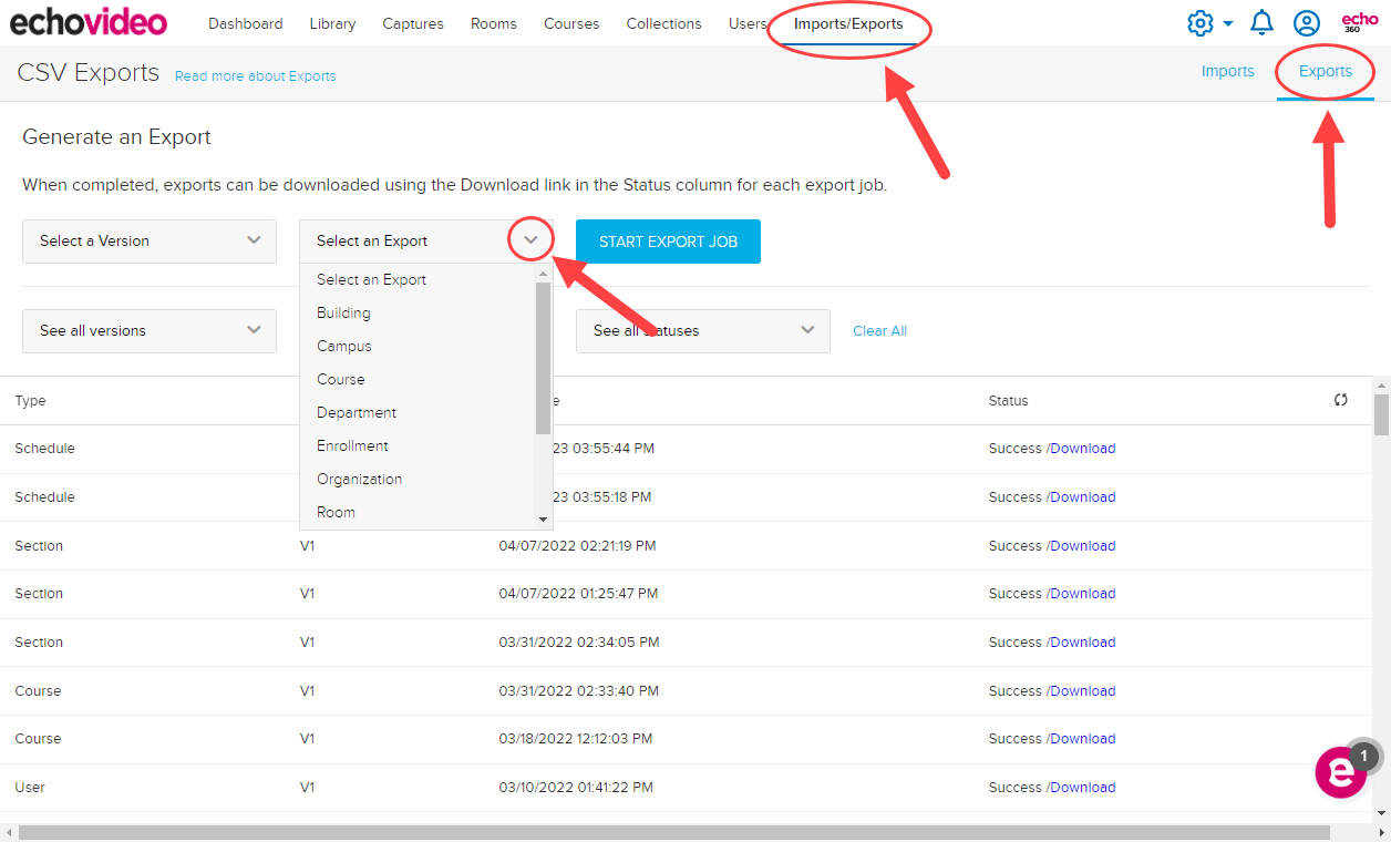 Imports/Exports tab with Exports and Select an Export identified as described