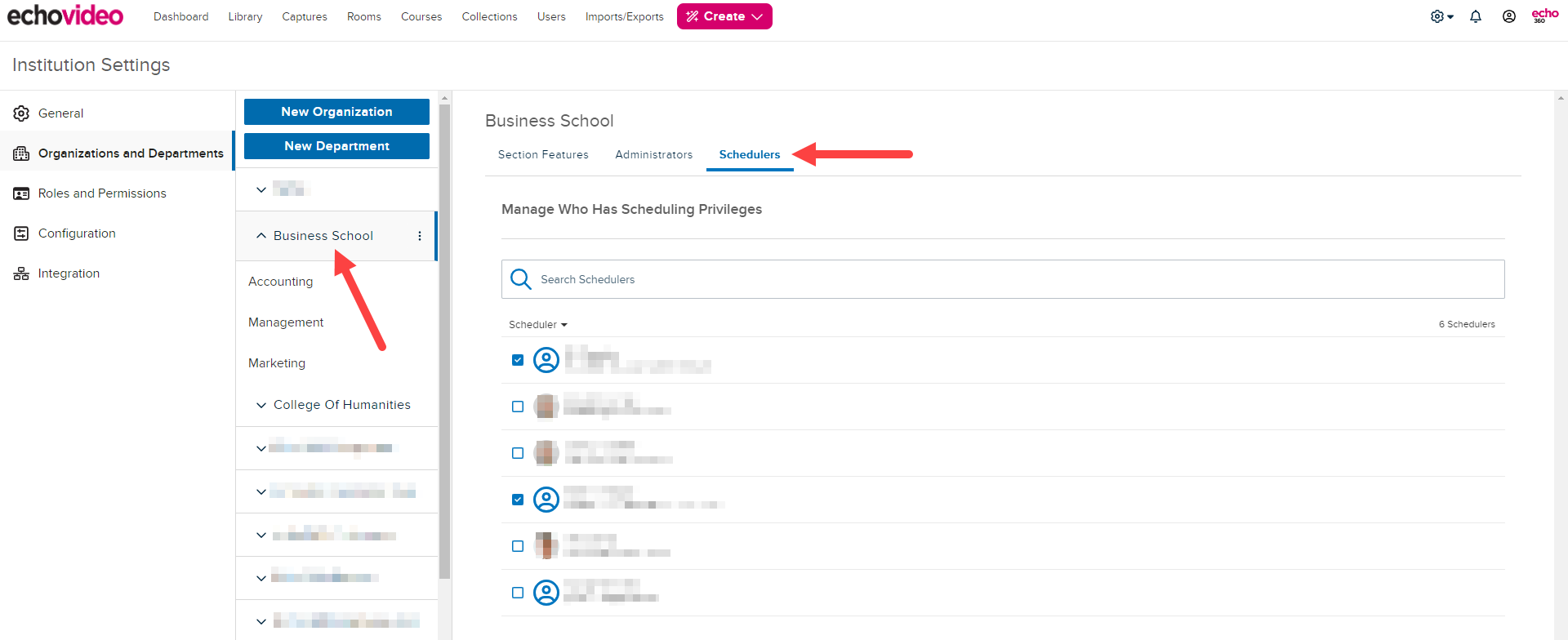 Institution settings page with organization selected and list of schedulers shown for steps as described