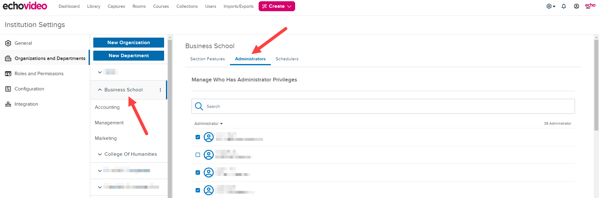 Institution settings page with Organization selected and showing Administrators list for that level as described