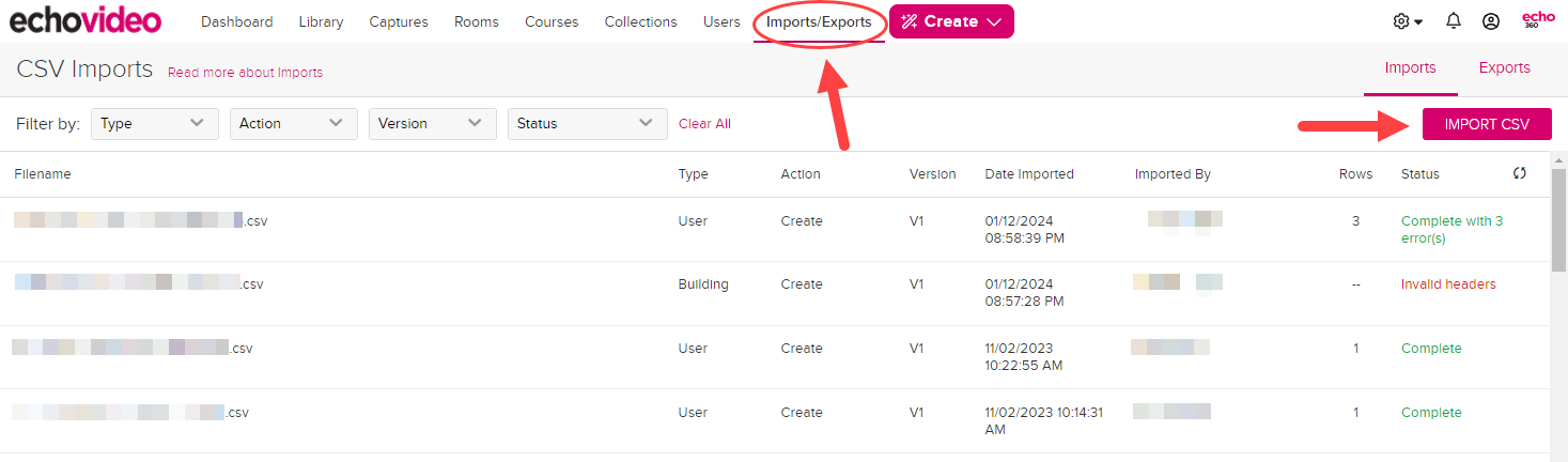 Imports/Exports tab with Import CSV button identified as described
